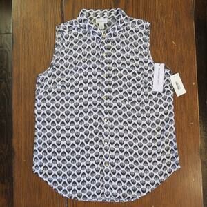 Liz Claiborne Womens Sleeveless Feather Print Blouse M White/Black NEW Button Up